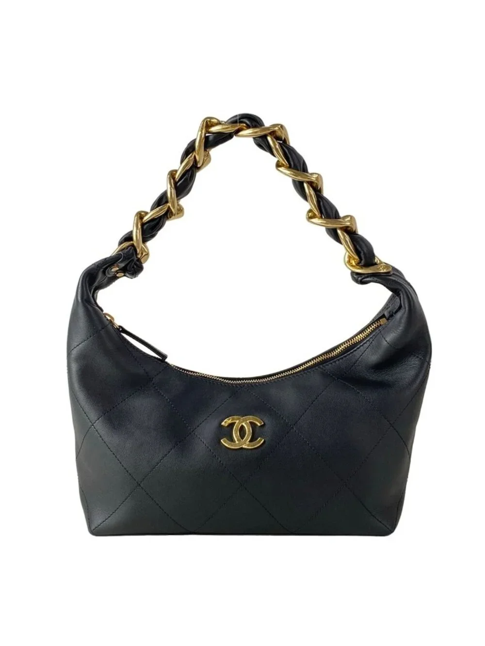 Chanel Handbag Quilted Hobo Black Gold Metal Leather